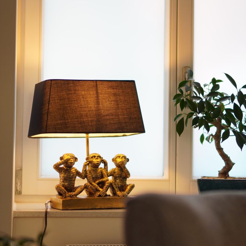 Detail aus dem Praxisraum: Lampe mit drei Affen als Symbol für Achtsamkeit, Vertraulichkeit und einen geschützten Rahmen in der Beratung